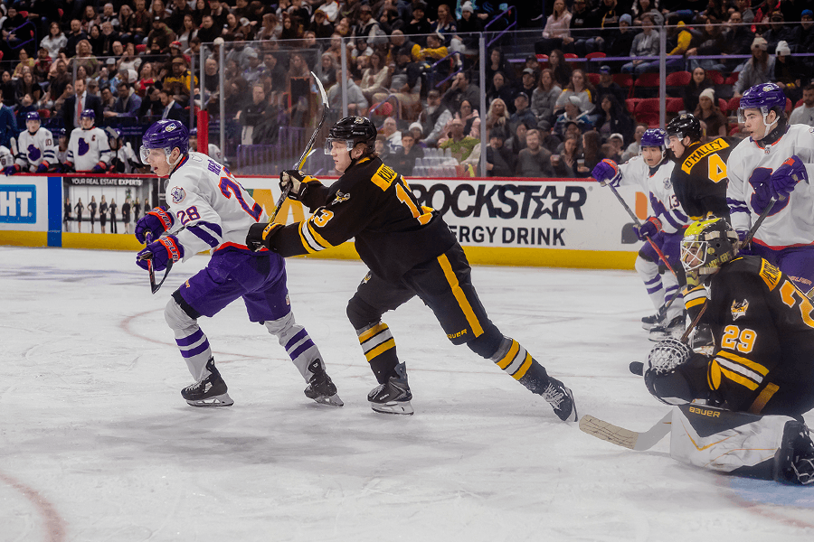 Green Bay Gamblers Hockey action shot of the players on the ice mid-game.